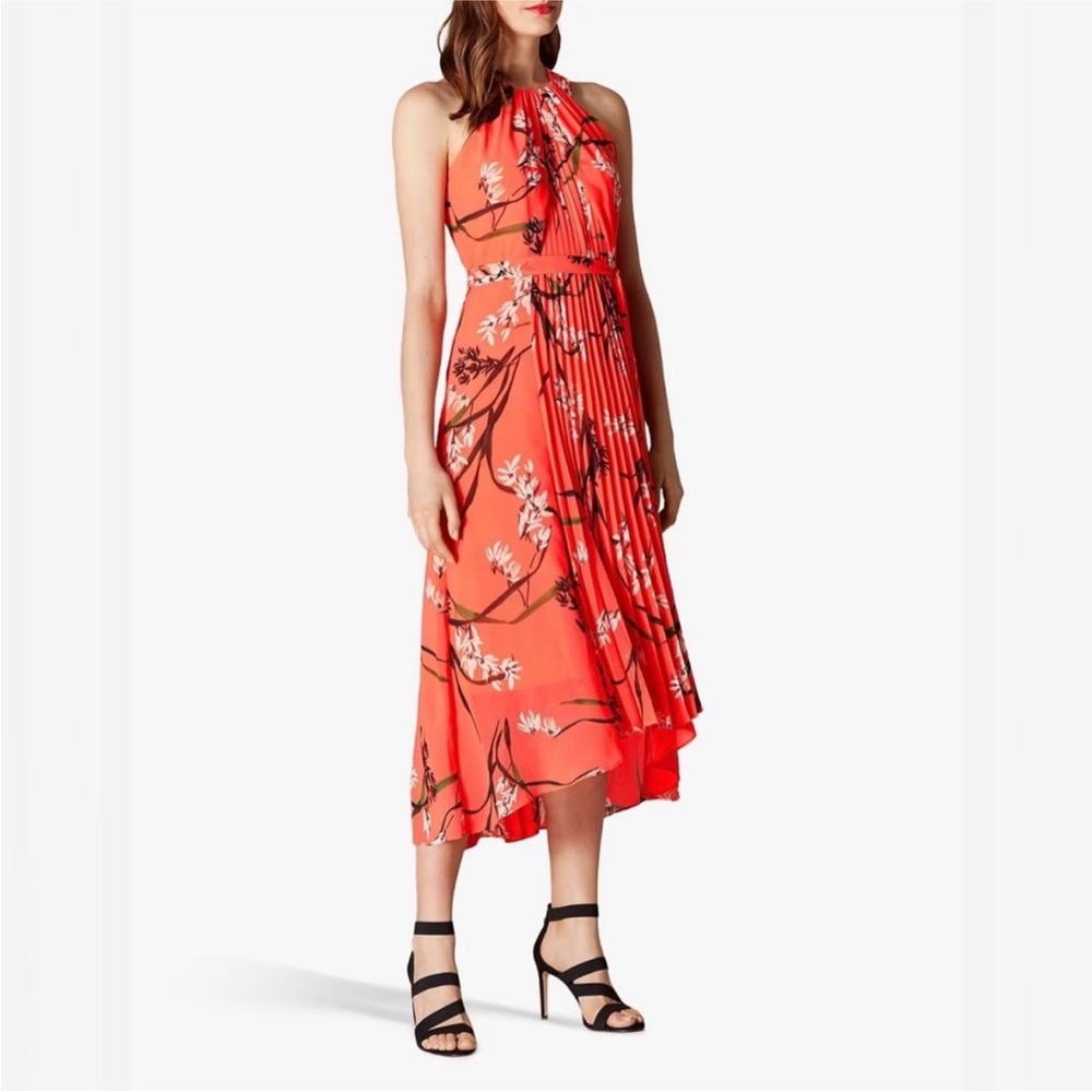Karen Millen Coral Floral High-Low Halter Dress